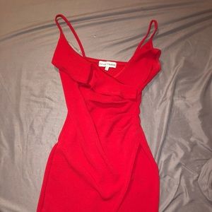 Red spaghetti strap dress, w/ small v cut ruffles